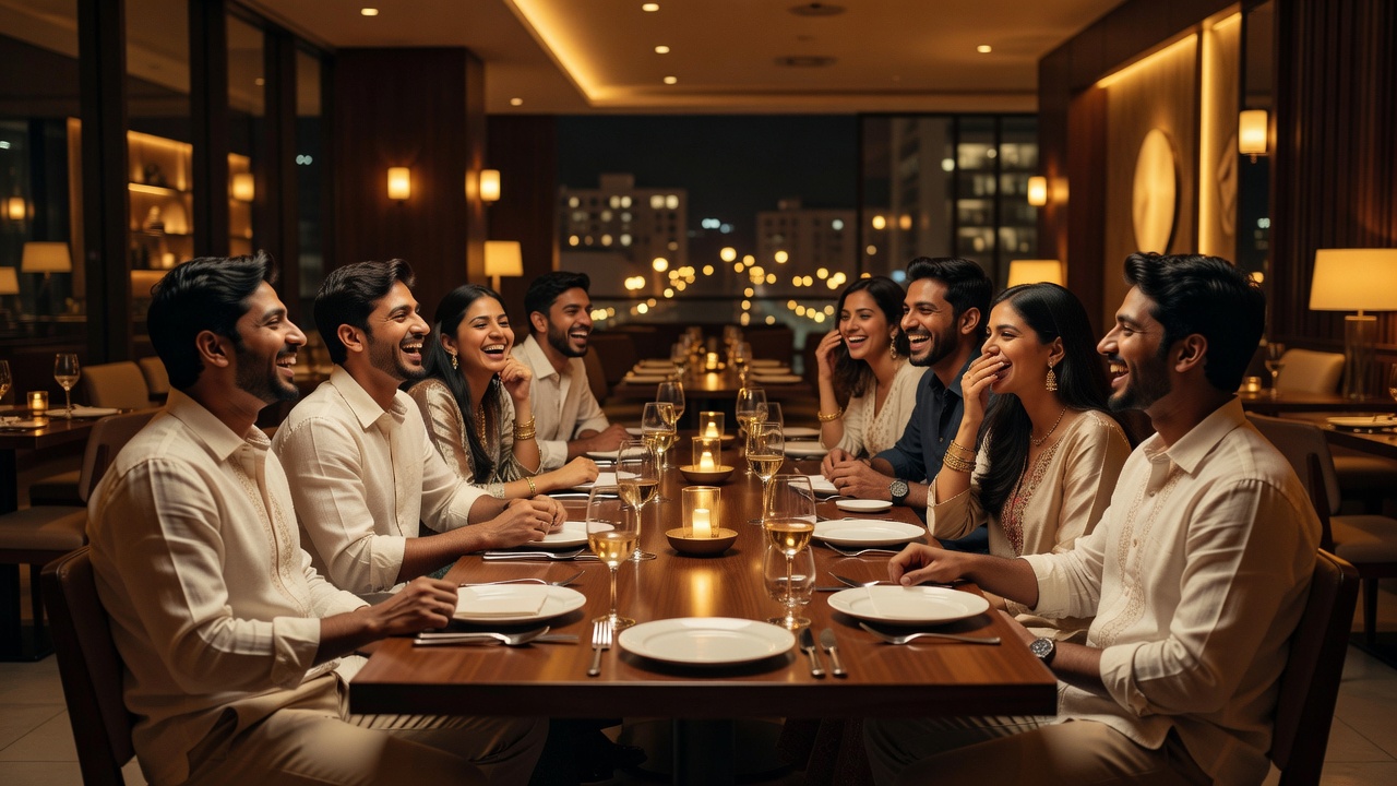 Group of young adults laughing at a long dinner table in a high-end restaurant